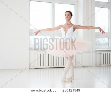 Gracefull ballerina in a dance studio.