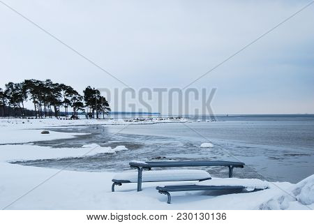 Snowy Bay Of The Baltic Sea At The Swedish Island Oland By Winter Season