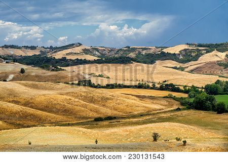 Country Landscape Along The Road From Asciano To Torre A Castello, Siena, Tuscany, Italy, At Summer