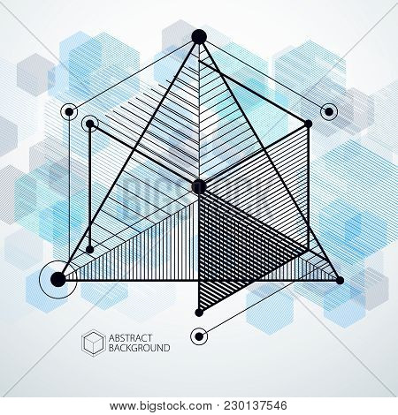 Lines And Shapes Abstract Vector Isometric 3d Blue Background. Abstract Scheme Of Engine Or Engineer