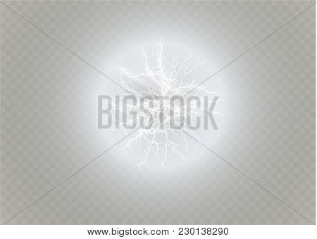 Ball Lightning. Thunder Isolated On Transparent Background. Thunderbolt In Sky. Electricity Blast St