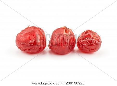 Three Red Dry Cherries Isolated On White Background In Row