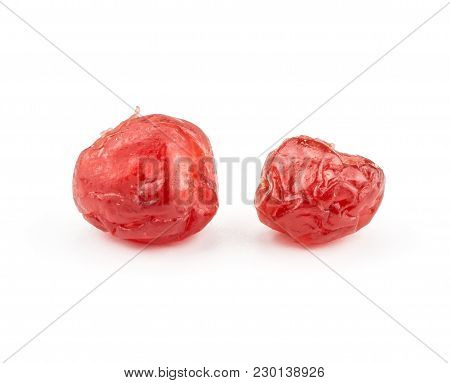 Two Red Dry Cherries Isolated On White Background In Row
