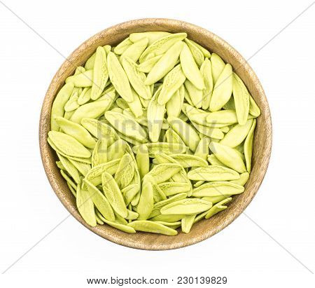 Olive Leaves Spinach Pasta In A Wooden Bowl Isolated On White Background Raw Top View