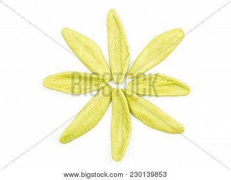 Olive Leaves Spinach Pasta Isolated On White Background Raw Pieces Like A Flower Top View