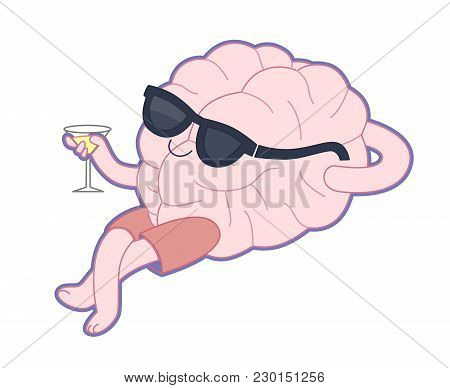 Relaxing With A Glass Of Alcohol Drink Flat Cartoon Vector Illustration - A Brain Lying With A Glass