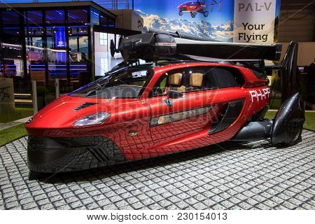 Geneva, Switzerland - March 6, 2018: Pal-v Liberty Flying Car Makes Public Debut At The 88th Geneva 