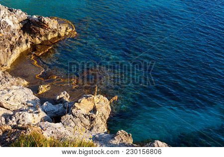 Paradise Sea Bay With Azure Water. View From Coastline Trail Of Zingaro Nature Reserve Park, Between