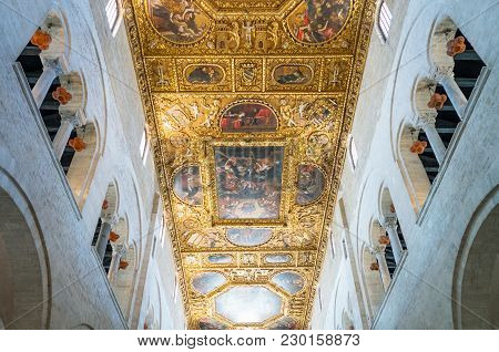 Bari, Italy - May 6, 2017: Old Town, The Architectures, Paintings And Decorations Of The Nave Of The