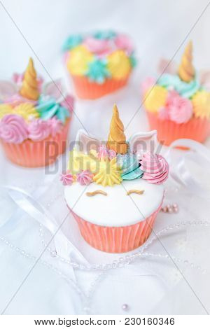 Unicorn Fondant Cupcakes Frosting With Pastel Color Butter Cream.celebrate Cupcakes.
