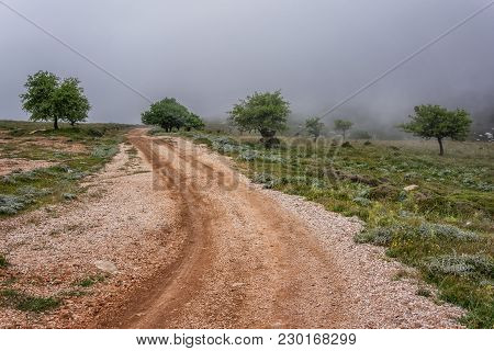 Ataviros Mount Landscape And Road. Rhodes Island, Greece. Dodekanes