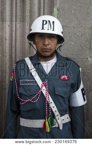 La Paz, Bolivia - January 12, 2018: Unidentified Soldier At Mausoleum Of Marshal Andres De Santa Cru