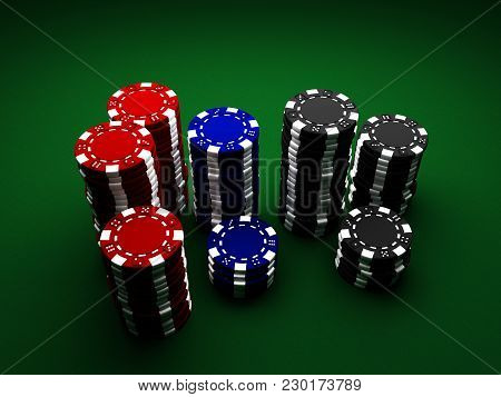 Casino Chips On Green Cloth Background 3d