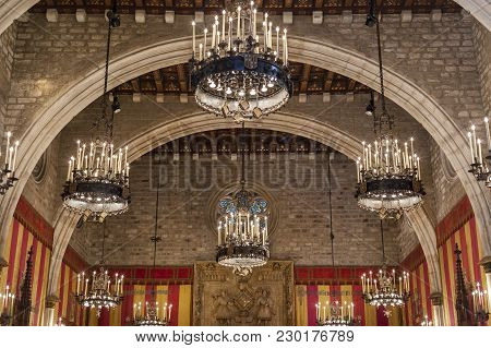 Barcelona,spain-june 4,2015: Interior Of City Hall, Ajuntament, Salo De Cent, Gothic Style Space, Go