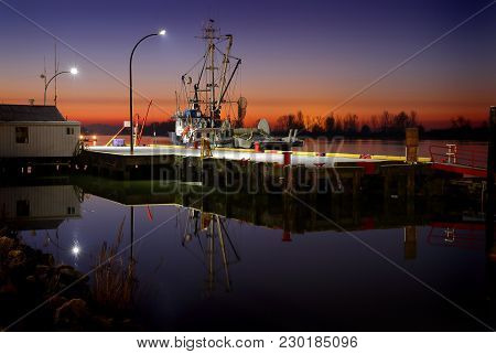 Steveston Morning, Dockside Horizontal. Sunrise Twilight Over The Harbor Of Steveston, British Colum