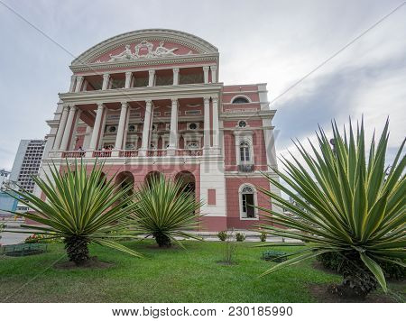 Manaus - Aug 9: Amazonas Theatre Facade On A Cloudy Day On August 9, 2014 In Manaus, Brazil. The Ope