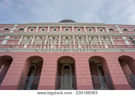 Manaus - Aug 9: Side View Amazonas Theatre Facade On A Cloudy Day On August 9, 2014 In Manaus, Brazi