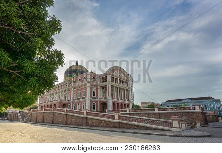 Manaus - Aug 9: Amazonas Theatre Facade On A Cloudy Day On August 9, 2014 In Manaus, Brazil. The Ope
