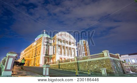 Manaus - Aug 9: Amazonas Theatre Facade By Night On August 9, 2014 In Manaus, Brazil. The Opera Hous