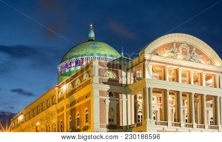Manaus - Aug 9: Amazonas Theatre Facade By Night On August 9, 2014 In Manaus, Brazil. The Opera Hous