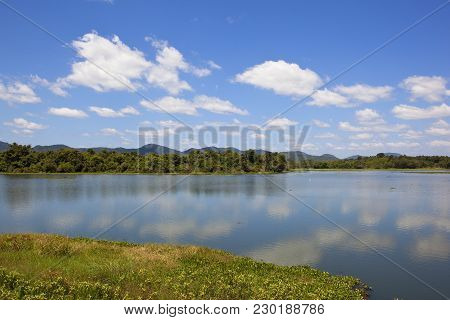 A Beautiful Sri Lankan Mirrror Lake In Tranquil Surroundings With Forest Mountains Lotus And Water H