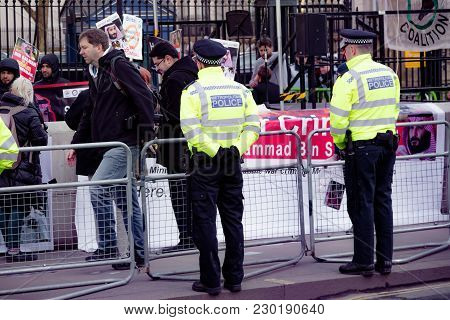 Protesters Gather Outside Downing Street, London, United Kingdom