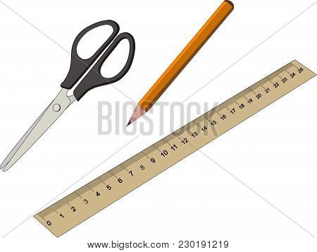 Stationery Office And School Items Set Collection Including Pencil Scissors Ruler On White Backgroun