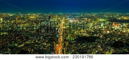 Tokyo Skyline Panorama At Blue Hour. Roppongi Hills, Minato District, Tokyo, Japan. Aerial View Of C