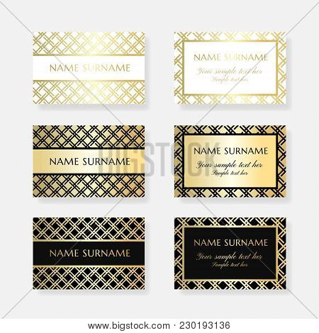 Gold Gride. Business Card Design Templates. Vector Banners With Ornamental Texture And Copy Space.