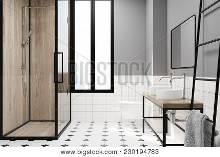 Modern Gray Bathroom Decoration Idea. A White And Black Tiled Floor, A Narrow Window, A Wooden Showe