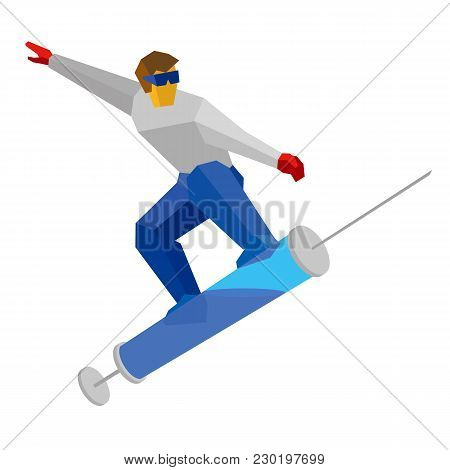 Athlete In Blue And Red Jumping On Syringe Like On A Snowboard. Snowboarder Isolated On White Backgr