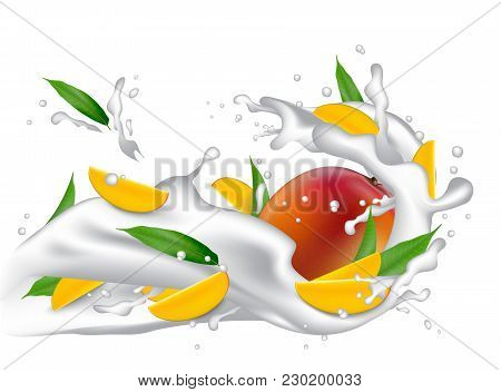 Milk Splash 3d Illustration With Leaves, Slices Of Mango, Peach, Apricot, Nectarine, Apple.  Cream P
