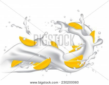 Milk Splash 3d Illustration With Slices Of Mango, Peach, Apricot, Nectarine, Apple.  Cream Pouring W