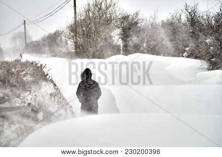 Bannow County Wexford Ireland In March 2 2018; Extreme Weather Snowdrift On The Road.
