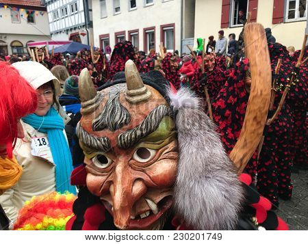 Weil Der Stadt, Germany - February 11, 2018: Traditional Carnival In South Germany - Swabian-alemann