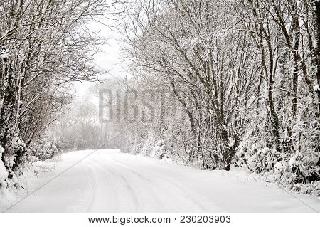 Winter Road Covered In Snow In Bannow County Wexford Ireland In March 2018.
