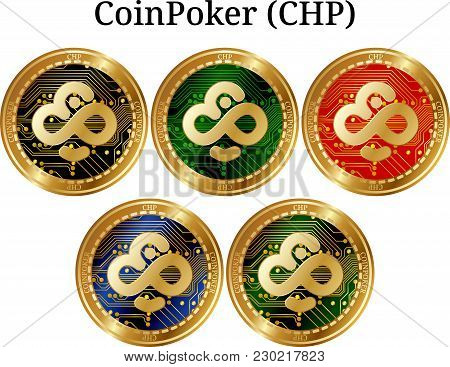 Set Of Physical Golden Coin Coinpoker (chp), Digital Cryptocurrency. Coinpoker (chp) Icon Set. Vecto
