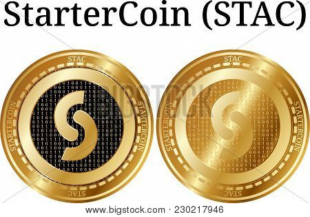 Set Of Physical Golden Coin Startercoin (stac), Digital Cryptocurrency. Startercoin (stac) Icon Set.