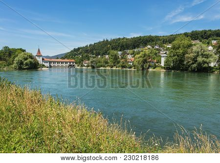 The Aare River In Switzerland, View From The Town Of Aarau In Summertime. The Aare Is Longest River 