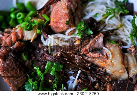 Rice Noodles With Spicy Pork Sauce, Bowl Of Spicy Noodle Soup, Traditional Northern Of Thailand Styl