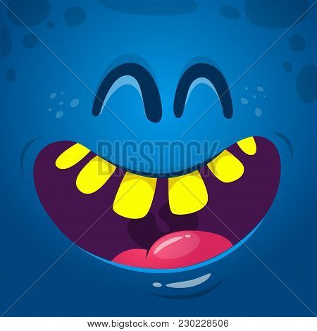 Cool Happy Cartoon Monster Face. Vector Halloween  Monster Laughing With Wide Mouth