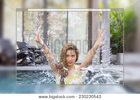 Web Site Page Design Concept, Pretty Swimsuit Fashion Young Sexy Asian Woman Posing In Pool Backgrou