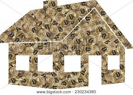A House From Many Bitcoins, A White Isolated Background.