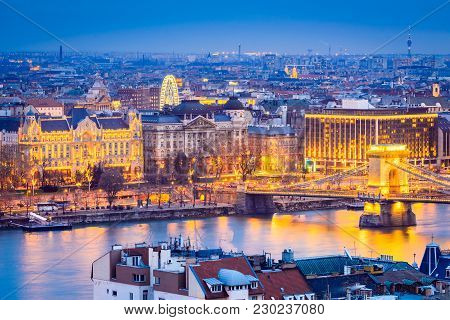 Budapest, Hungary. Szechenyi Chain Bridge And  Danube River.