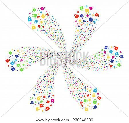 Multicolored Lock Exploding Spin. Psychedelic Spiral Done From Random Lock Items. Vector Illustratio