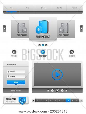 Modern Clean Website Design Elements Grey Blue Gray 2: Bar, Download, Pagination, Video, Player