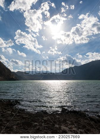 Mountains And Peaks Landscape. Lake Of Yeso. Cajon Del Maipo. Santiago Of Chile
