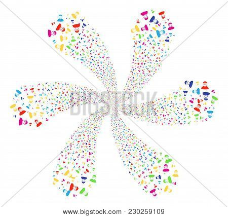 Psychedelic Guy Exploding Spin. Hypnotic Twist Designed From Scattered Guy Symbols. Vector Illustrat