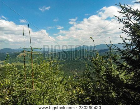 Carpatian Summer Landscape Beautiful Mountains With Cloudy Sky Background
