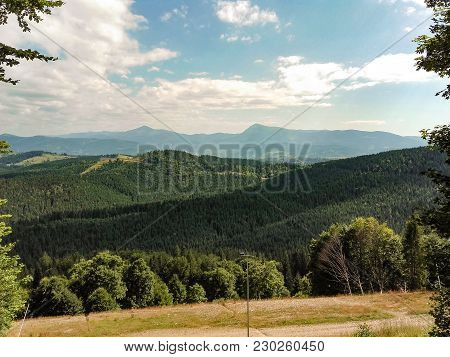 Carpatian Summer Landscape Beautiful Mountains With Cloudy Sky Background